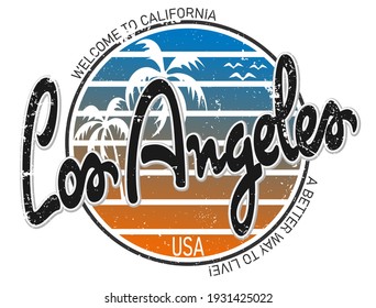 CITY OF LOS ANGELES CALIFORNIA. Handmade Palms trees retro style. Design fashion apparel textured print. T shirt graphic vintage grunge vector illustration badge label logo template