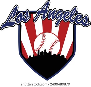 City of Los Angeles California skyline silhouette baseball icon with ball inside home plate shaped shield and script lettering above. Vector eps graphic design.