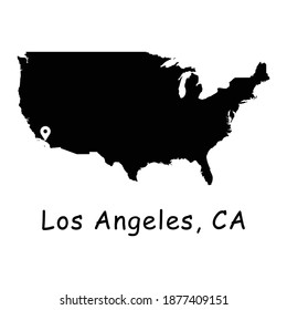 City of Los Angeles on USA Map. Detailed America Country Map with Location Pin on L.A. Black silhouette vector maps isolated on white background.