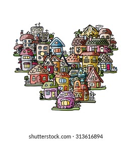 City of love, heart shape sketch for your design. Vector illustration