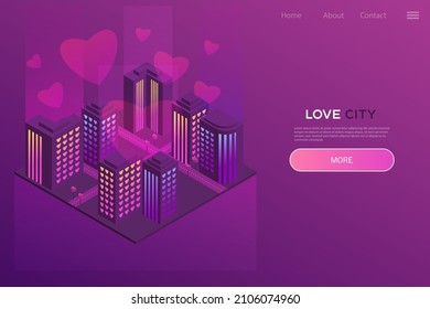 City of love - neon isometric illustration. Design for website, application. Modern isometric style. Love concept, valentine s day