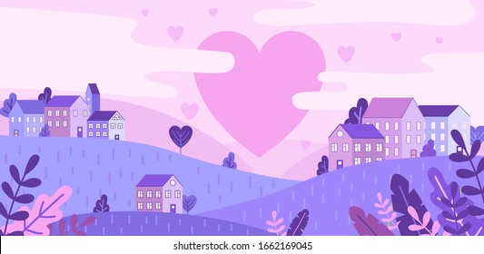 City of love and pink hearts flying in sky vector illustration. Small cute houses in pastel colours cartoon design. Romance and affection and valentines day concept