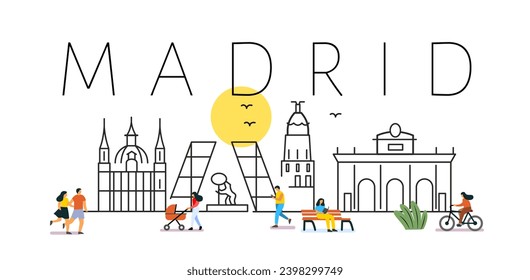 city of Madrid in outline style on white. Landmarks sign with inscription.