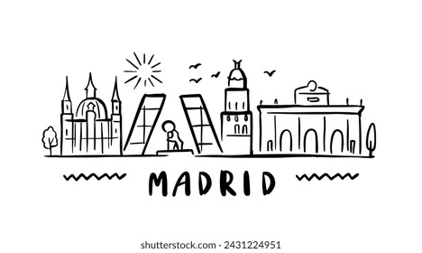 ciudad de Madrid en estilo sketch sobre blanco. Signo de puntos de referencia con inscripción.