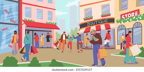 City main street with different public shops and stores building exterior urban scene vector illustration. Small town roadside with happy people holding purchases walking and doing shopping together