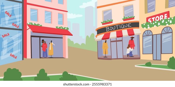 City main street landscape with different boutique, retail store, marketplaces building exterior at roadside vector illustration. Commercial business downtown district architectural feature panorama