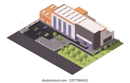 City mall building architecture. Modern supermarket. Commercial retail business construction. Facade exterior with parking zone. Private property. Town city center. Isometric vector illustration