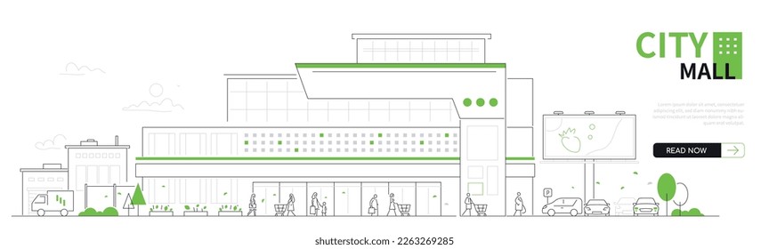 City mall - modern thin line design style vector banner on white urban background. Composition with Multi-storey building with parking for buyers. People carry carts with groceries. Shopping idea