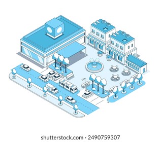 City mall and shops - vector isometric illustration. Busy street with mini markets and open cafes. Parking for cars and bus stop. Alley of trees with fountain in the center. Urban architecture idea