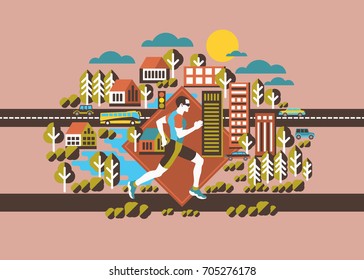 City man running on the urban or village landscape background. Young athlete on marathon. Fitness, healthy life style in summer town with traffic on the road, building, plant, cars and green trees.