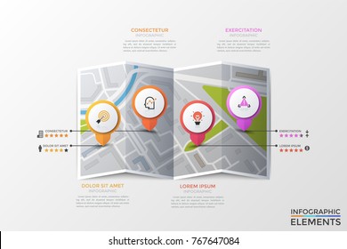 City map, 4 location marks with thin line icons inside, five star rank and text boxes. Concept of touristic sights review, traveler's feedback. Creative vector illustration for web banner, website.