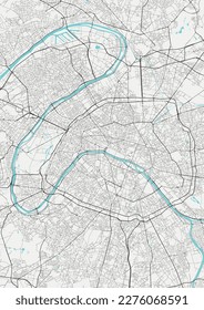 City map art of Paris in France. Road map of Paris (France). Black and white (light) illustration of parisian streets. Printable poster.