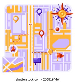 City map background design with markers and flags. Illustration of streets, roads and buildings. Image for geography and cartography, travel and tourism.