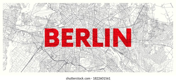 City map Berlin, detailed road plan widescreen vector poster