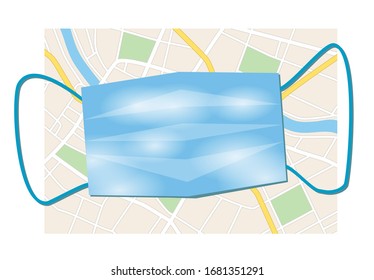 city map and blue disposable mask - vector illustration