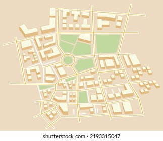 City map with buildings, parks and streets