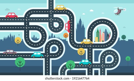 City map with cars on road - street. Vector Cartoon.