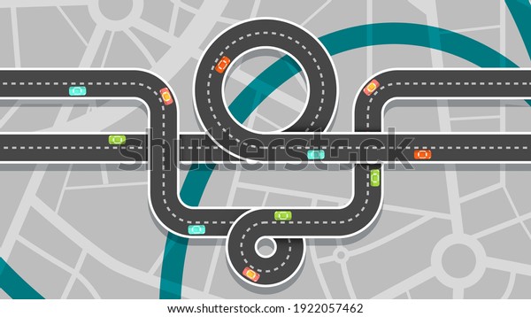 City map with cars - top view roads and streets\
in town - vector cartoon