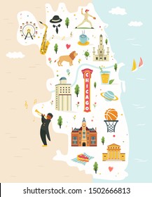 City map of Chicago with landmarks, symbols, objects, Vector illustration. Tourism in USA. Suitable for travel posters, books, advertisement, tour guides