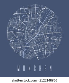 München city map circle poster. Round circular road aerial view, street map vector illustration. Cityscape area panorama with water.