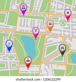 City map with colored location markers. Vector 3d illustration