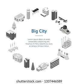 City Map Concept Banner Card Circle 3d Isometric View Construction Architecture Buildings. Vector illustration of Urban Estate Cityscape Elements