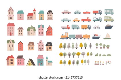 City map constructor set with buildings, houses, transport, cars, tree. Cute design elements in flat style. Make your perfect town 