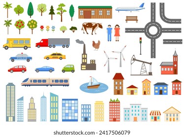 City map constructor. Set of various buildings, transport, plants and tree. Make your own town. Vector flat design elements.