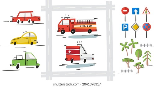 City map creator. Cartoon vector vehicle elements car, fire machine, ambulance, tree, road, sigh. Traffic flat street. Kids map design isolated on white.
