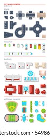 City map creator of top view elements grouped by roads transport buildings and additional objects vector illustration
