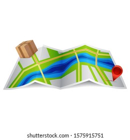 City map with a delivery route, box and location mark. Order delivery tracking. Isolated on a white background. Vector illustration in cartoon style for print and web projects.