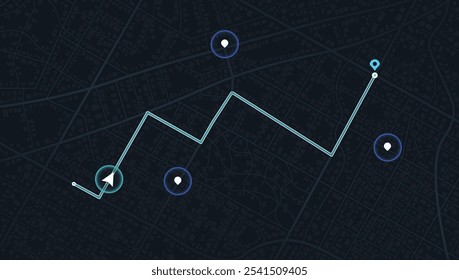 City map with designated destination, and multiple markers indicating various routes, including the shortest path option. Abstract navigation of city streets and neighborhoods. Vector illustration