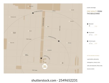 City map, district plan with residential buildings of the block with direction signs and several markers. Abstract navigation plan including city streets, blocks. House location with landmarks.