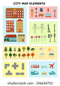 City map elements including houses roads trees weather different signs transport car bus airplane bicycle ship boat