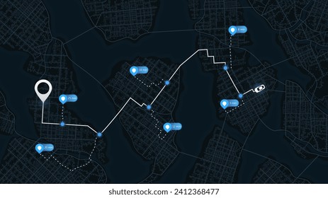 Stadtplan mit Richtungsschildern, Zielpunkt und mehreren Markern. Ein abstrakter Navigationsplan zeigt POI einschließlich Stadtstraßen, Blöcke. Bearbeitbare Vektorgrafik