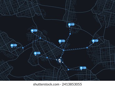 City map featuring directional signs, an intended goal point and multiple markers. An abstract navigation plan highlights POI including city streets, blocks. Editable vector illustration