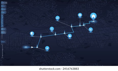 City map featuring directional signs, an intended goal point, and multiple markers. An abstract navigation plan highlights POI including city streets, blocks. Editable vector illustration