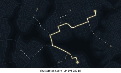 City map featuring directional signs, an intended goal point, and multiple markers. An abstract navigation plan highlights including city streets, blocks. Editable vector illustration