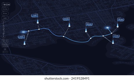 City map featuring directional signs, an intended goal point and multiple markers. An abstract navigation plan highlights POI including city streets, blocks. Editable vector illustration