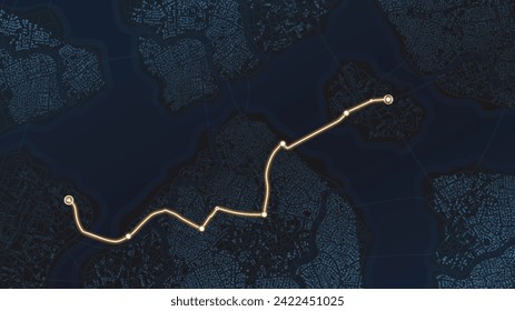 City map featuring directional signs, an intended goal point, and multiple markers. An abstract navigation plan highlights including city streets, blocks. Editable vector illustration