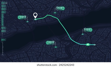 City map featuring directional signs, an intended goal point and multiple markers. An abstract navigation plan highlights POI including city streets, blocks. Editable vector illustration