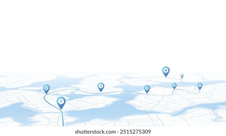 Mapa de la ciudad con señales direccionales, un punto de meta previsto y múltiples marcadores. Un Plan de navegación abstracto destaca el POI incluyendo calles de la ciudad, bloques. Ilustración vectorial