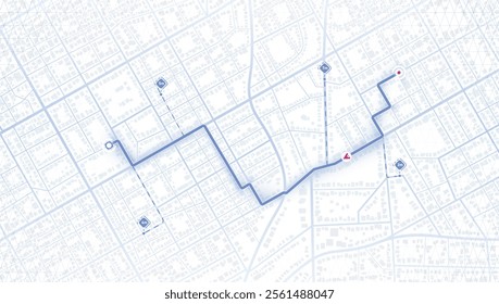 City map featuring directional signs, an intended goal point and multiple markers. Abstract GPS navigation, car location and map pointer. Vector illustration with route, alternative paths.