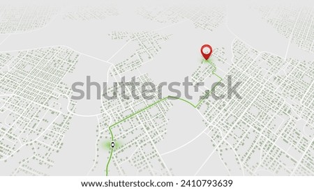 City map featuring directional signs, an intended goal point. Abstract navigation plan highlights POI. Including city streets and blocks. Editable vector illustration