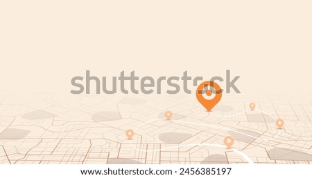 City map featuring directional signs, an intended goal point and multiple markers. An abstract navigation plan highlights POI including city streets, blocks. Vector illustration