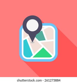 City map flat icon with long shadow on red background , vector illustration , eps10