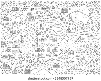 City map. Forest and city. Editable outline. Vector line illustration sketch.