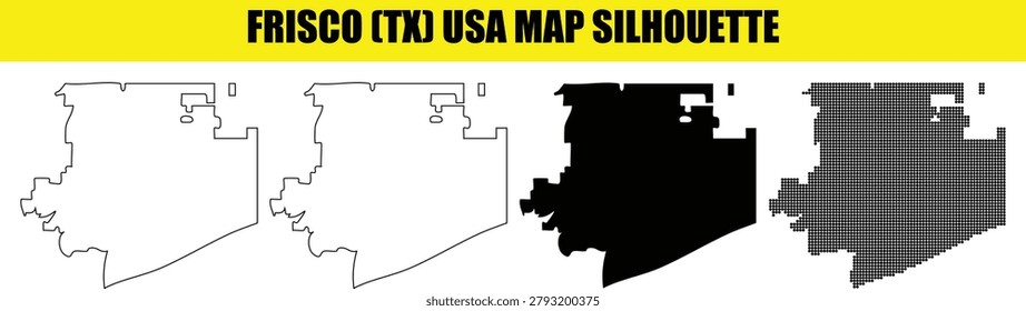 City map of Frisco Texas presented in four distinct styles including solid black silhouette outline contour and halftone dot pattern for creative geographical graphic design and mapping projects.