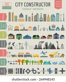 City map generator. Elements for creating your perfect city. Colour version. Vector illustration