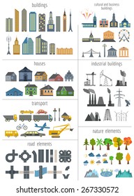 City map generator. Elements for creating your perfect city. Colour version. Vector illustration